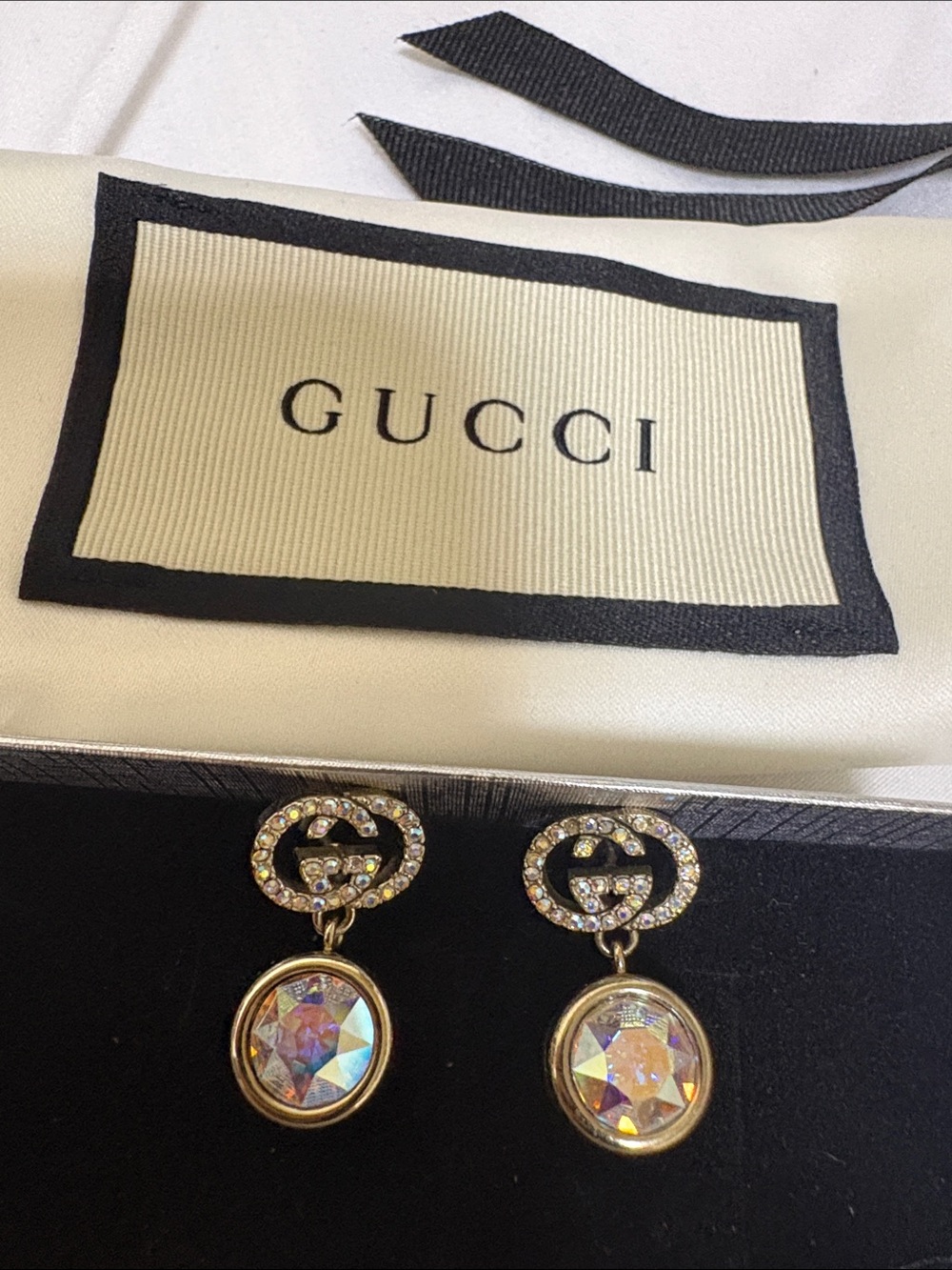 Gucci Gold-Tone Drop Earrings with Iridescent Crystals W/COA-, Gucci Dusty